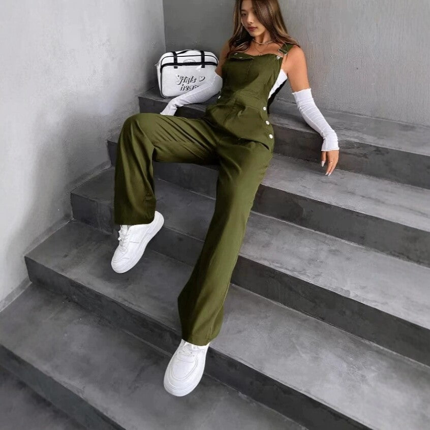 Womens Overalls Loose-fitting Straight-leg Casual Fashion Solid-color Trousers