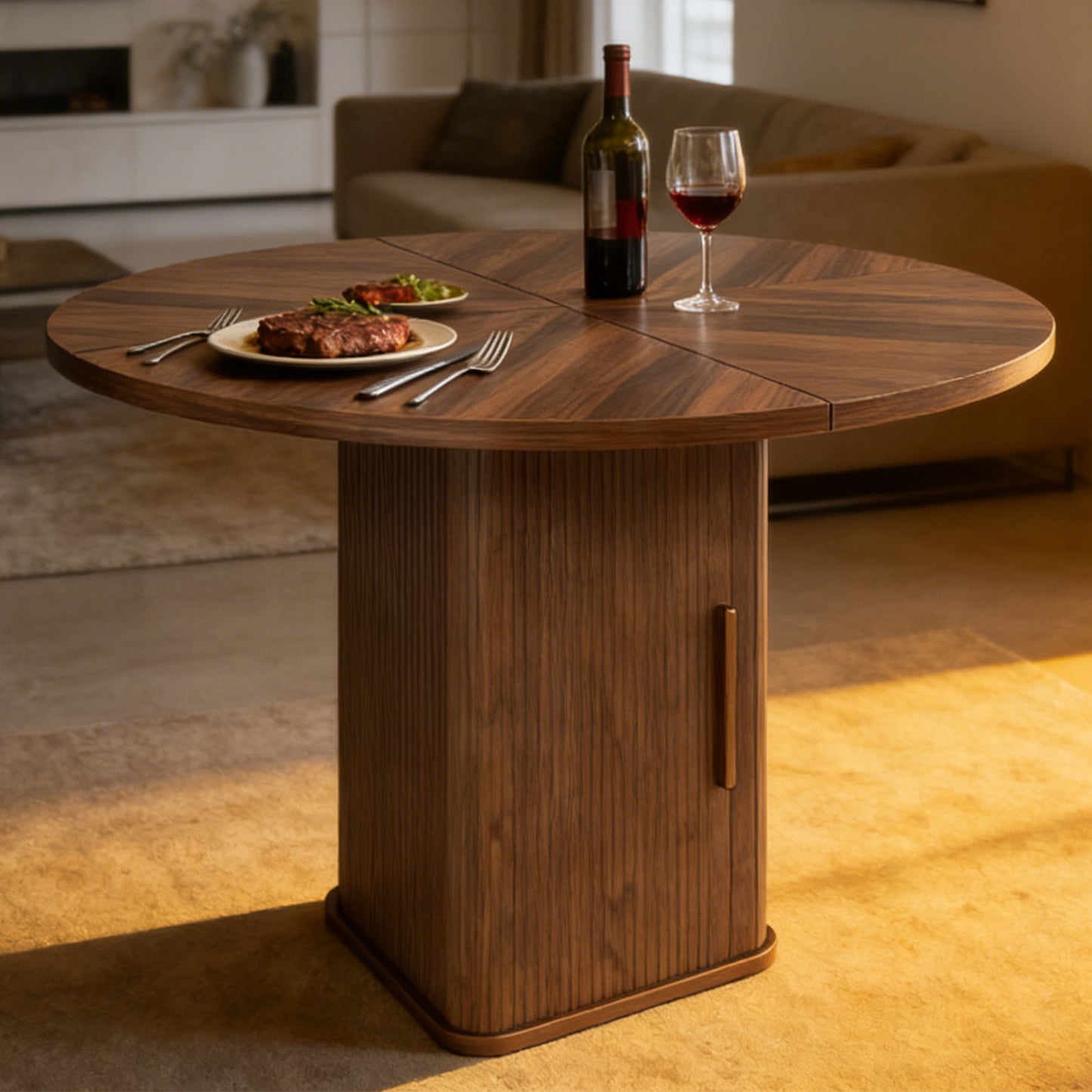 47in Dining Table Exquisite Round Table With 2 Storage Shelf Wood Slide Door And Wooden Base For Dining Room Home Kitchen Canteen