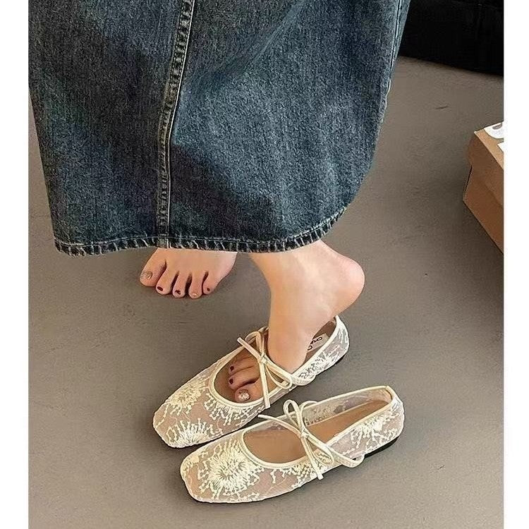 Women Breathable Mesh Mary Jane Shoes, New Spring Summer Low Cut Fairy Style Pumps, Bowknot Design Hidden Wedge Heels