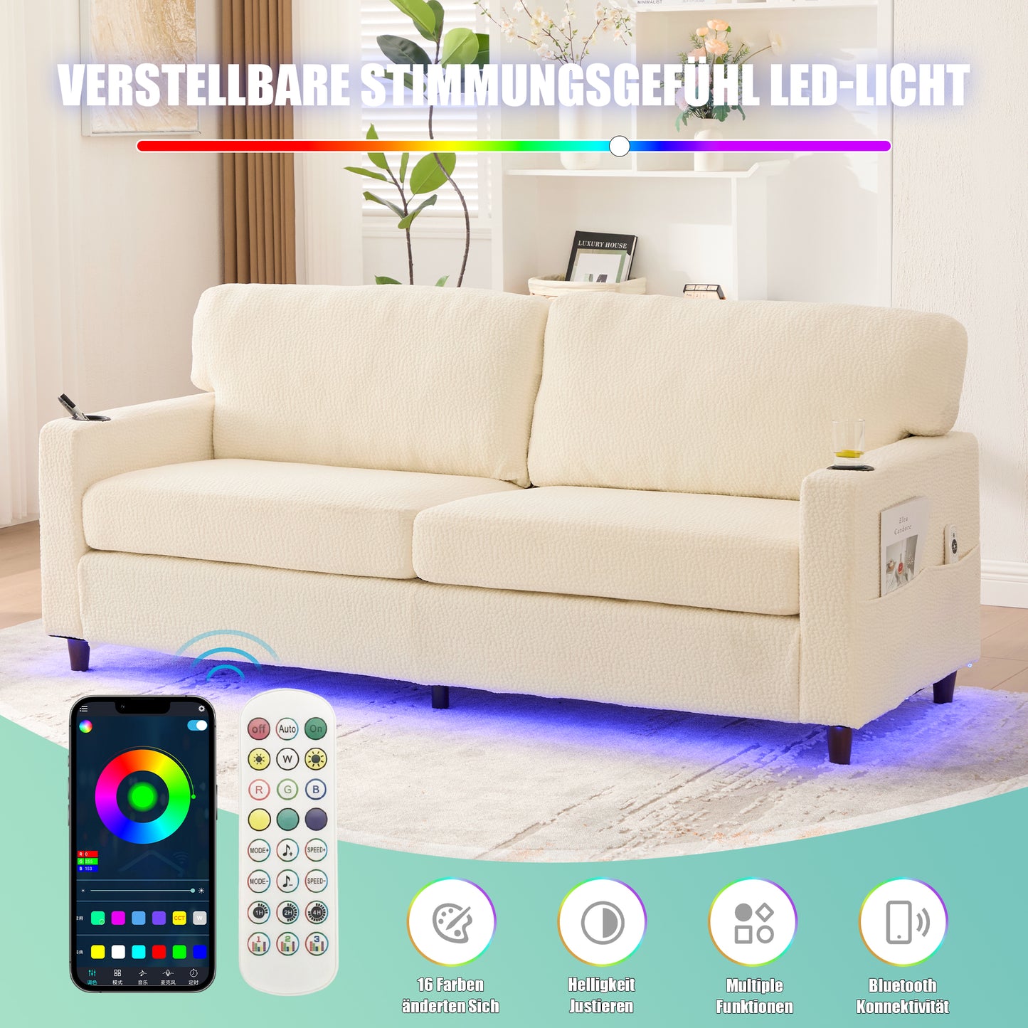 Modern 2-person Chenille Sofa With USB-C, LED Ambiance, Cup Holders And Side Pockets. Wood Metal Frame With Comfort Foam. Ideal For Living Room, Bedroom Or Office. Beige