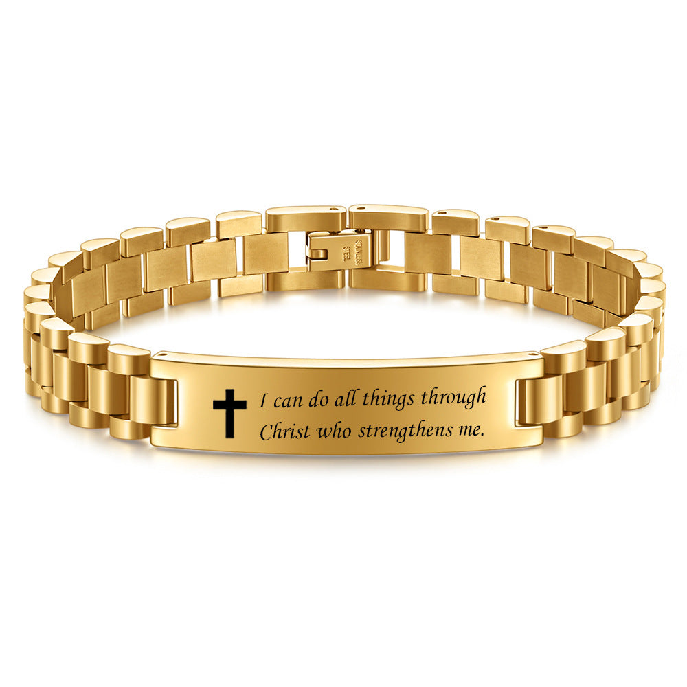 Europe And The United States Cross-border New 10MM Cross Lettering Watch Chain Men's Stainless Steel Bracelet Scripture Bending Bracelet Wholesale