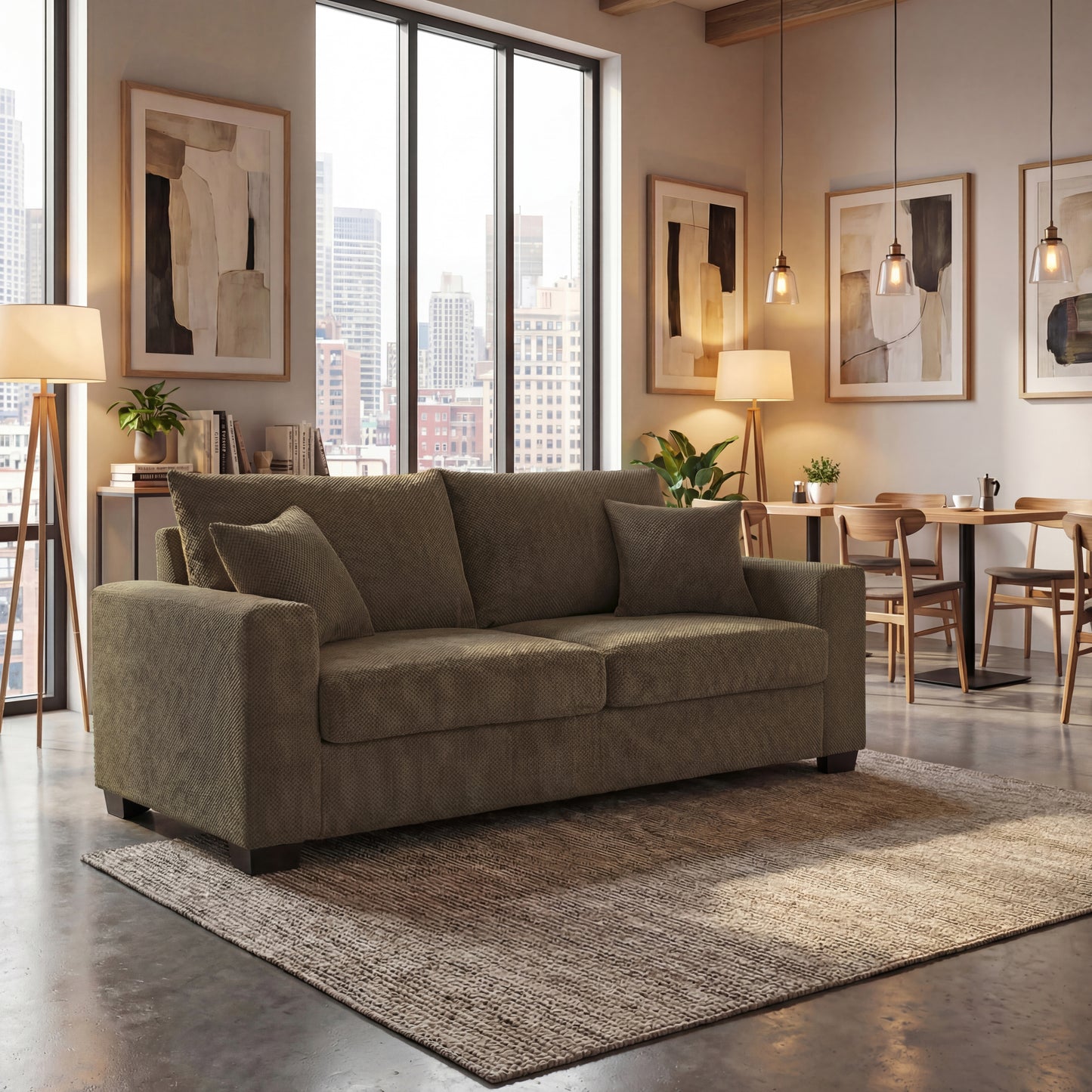 69-inch Two-seater  Sofa With Textured Fabric, Comfortable Upholstered Couch With 2 Throw Pillows And Sturdy Plastic Legs For Living Room, Apartment, Office,  Coffee