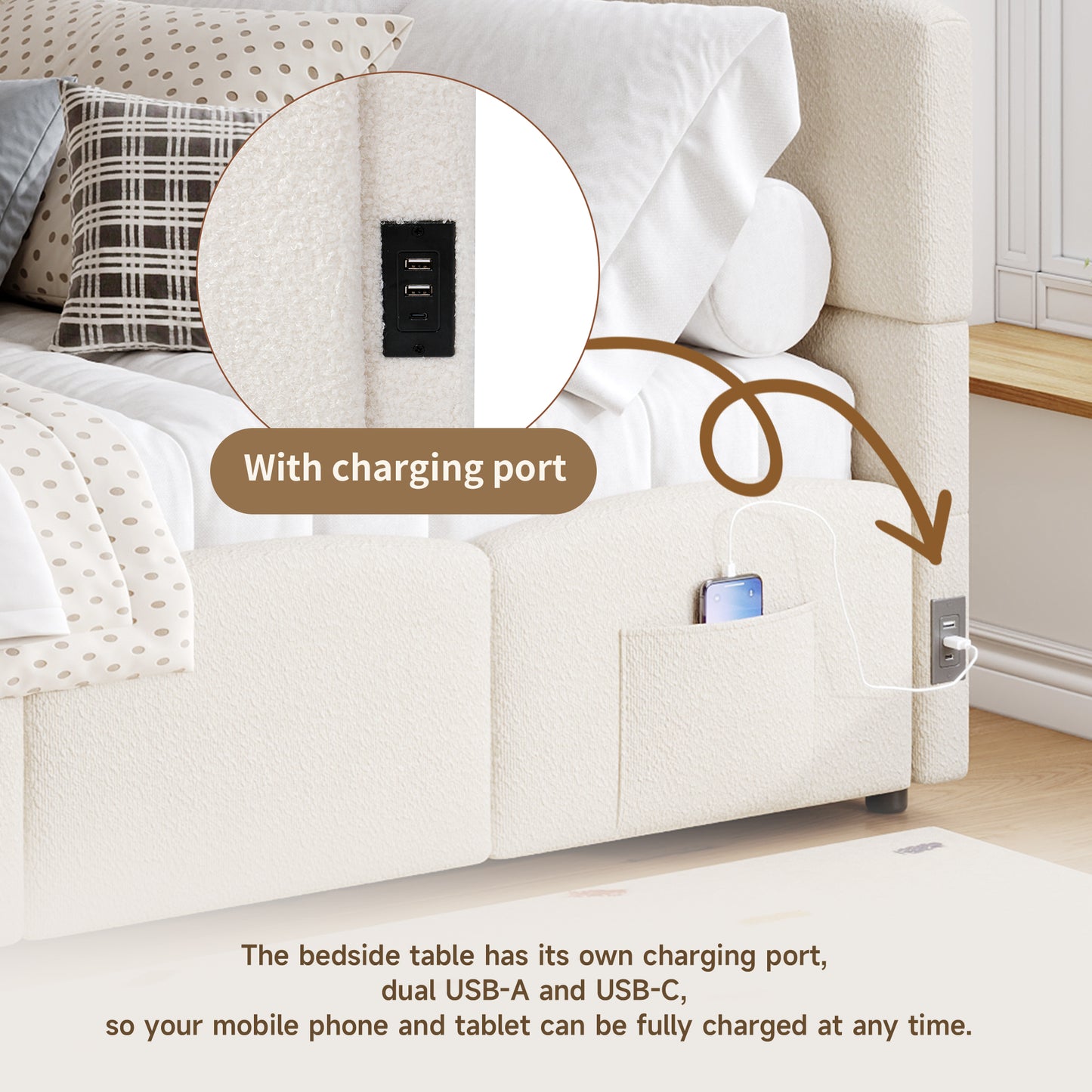 Upholstered Sofa Bed 90 X 190 Cm, 3-ft Single Daybed, Children's Bed, Single Sofa Bed With Slatted Frame, Hydraulic Storage, USB Charging, Boucle, Beige Without Mattress