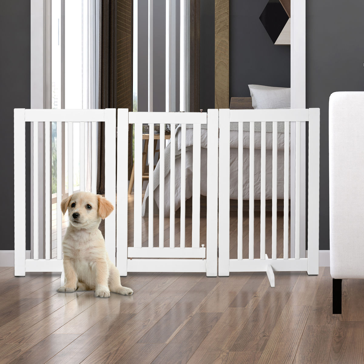 PawHutPet Gates MDF Freestanding Expandable Dog Gate Wood Doorway Pet Barrier Fence W Latched Door White