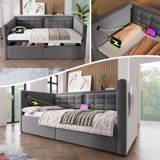 Upholstered Sofa Bed 90x200 Cm, Single Bed Sofa Bed With Hydraulic Storage And USB & Type-C Charging Station, Guest Bed With Wooden Slatted Base, Grey, Velvet, Without Mattress.