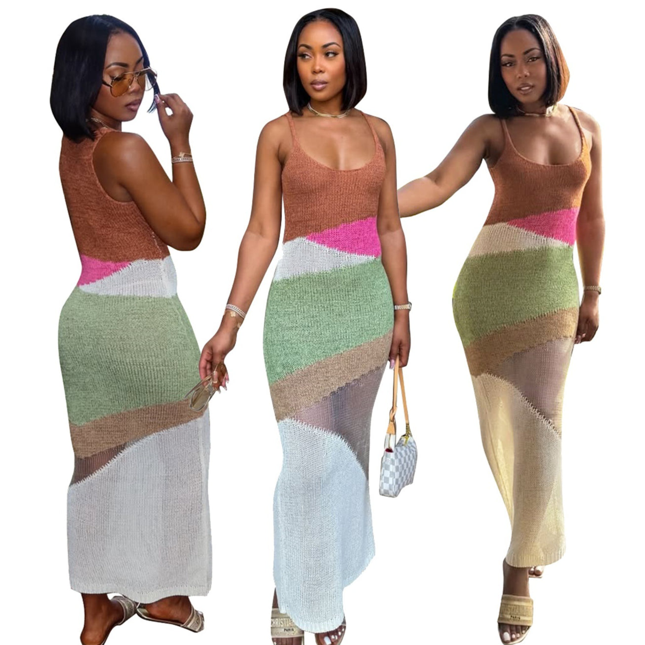Womens Fashion Casual Color-block Knit Dress