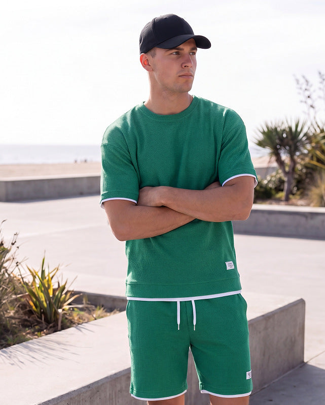 Athleisure T-shirt And Shorts Waffle-knit Set Korean-style Chic For Wearing Out