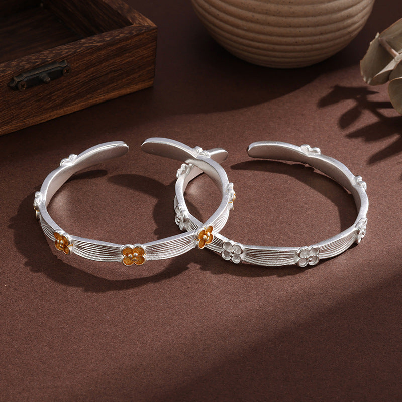 1pcs 925 Sterling Silver Two-Tone Plum Blossom Striped Open Cuff Bangle, Gentle Oriental Style, For Daily Wear & Women Holiday Gifts