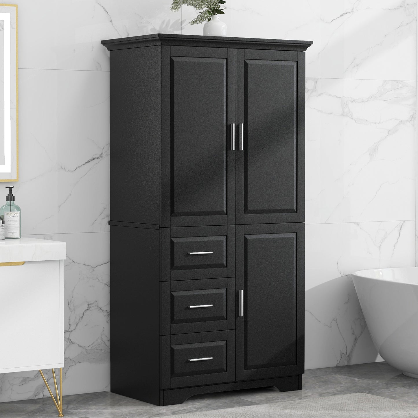 Tall And Wide Storage Cabinet With Doors For Bathroom Office, Three Drawers, Black
