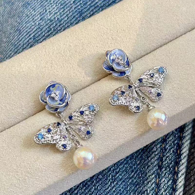 New Butterfly & Pearl Floral Earrings For Women, Enamel Glaze Drip Craft Studs, Gentle Elegant Dangle Fashion Ear Jewelry