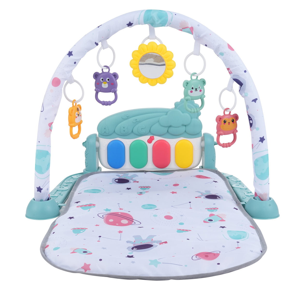 Baby Play Mat With Piano Keyboard &amp; Deatchable Hanging Toys, Kick And Play Musical Activity Gym, Tummy Time Crawling Mat For Infants 0-12 Months, 4 Colorful Hanging Toys And Sun Flower Mirror