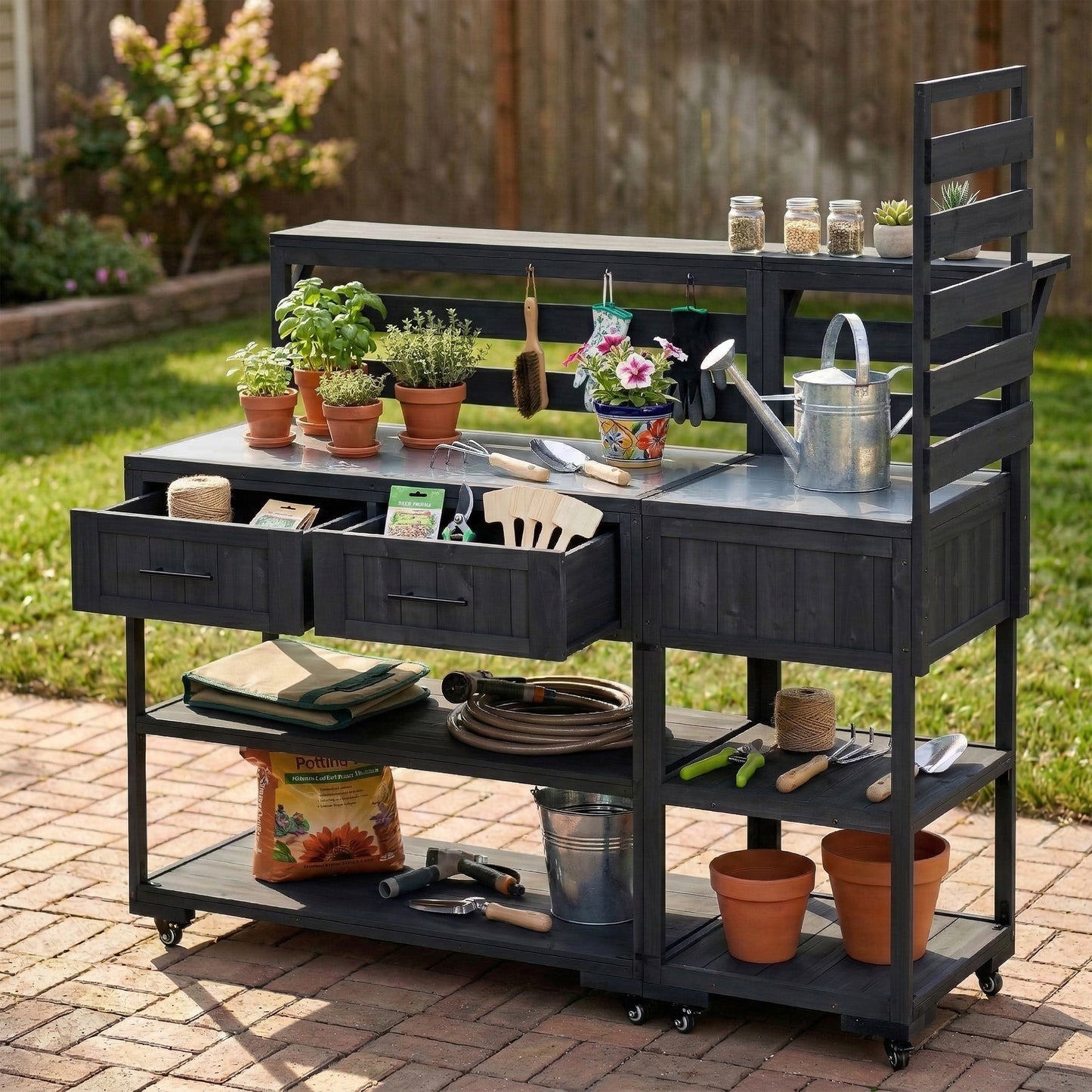 With Assembly Video  TOPMAx 62.3  Patio Kitchen Island Solid Wood Kitchen Cart With Stainless Table Top  Garden Potting Bench With Raised Shelf And Drawers  Grill Prep Table For BBQ  Party  Black