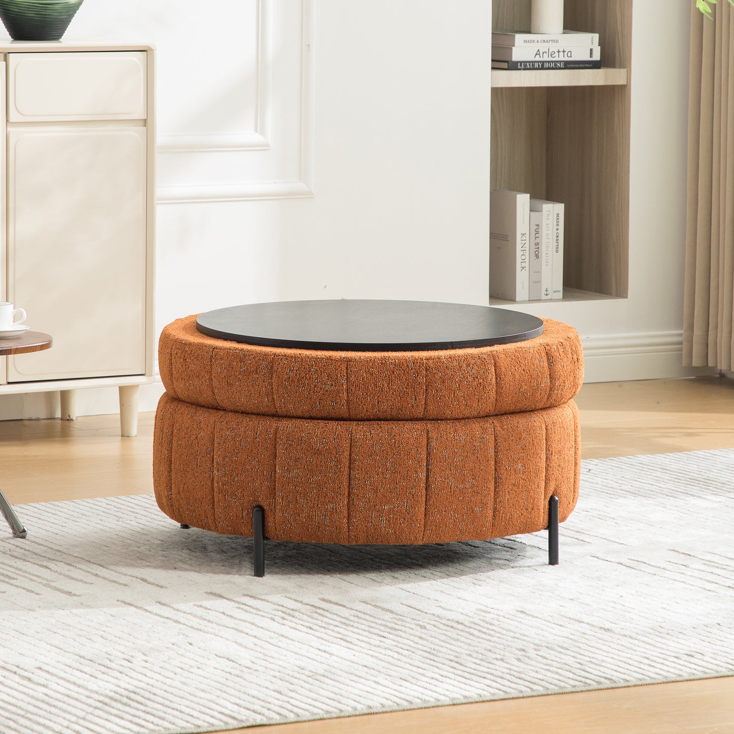 31.3 W Upholstered Round Ottoman With Reversible Lid, Chenille Storage Stool, Channel Tufted Pumpkin-shape Footstool For Living Room, Bedroom And Office, Orange