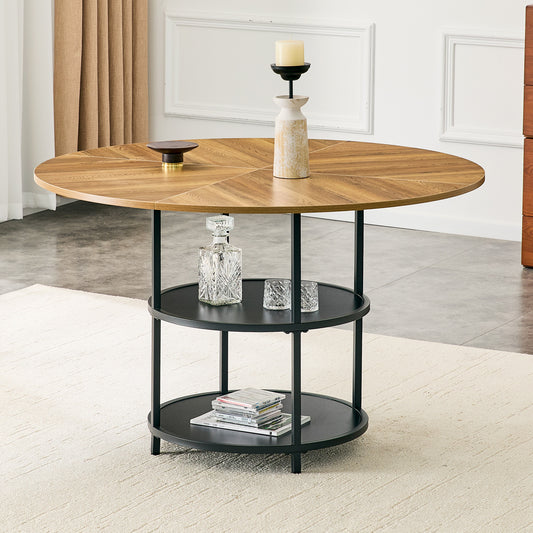47.3-inch Diameter Modern Splicing Circular Dining Table - Double-layer Storage, Wood And Black Fan-shaped Diagonal Color Matching Design, Interpreting Home Aesthetics And Practicality.