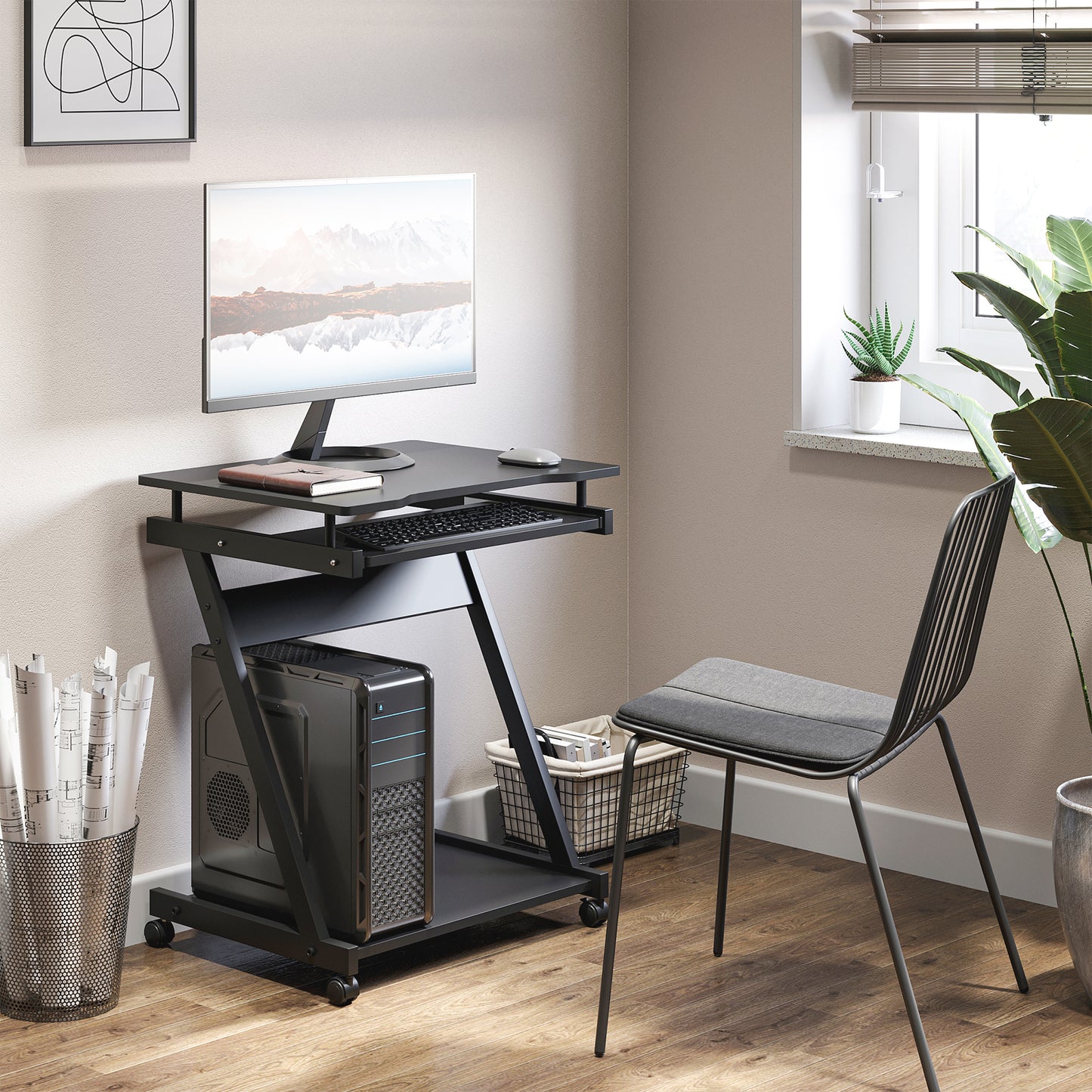 Movable Computer Desk With 4 Moving Wheels Sliding Keyboard Tray Home Office Workstation Black