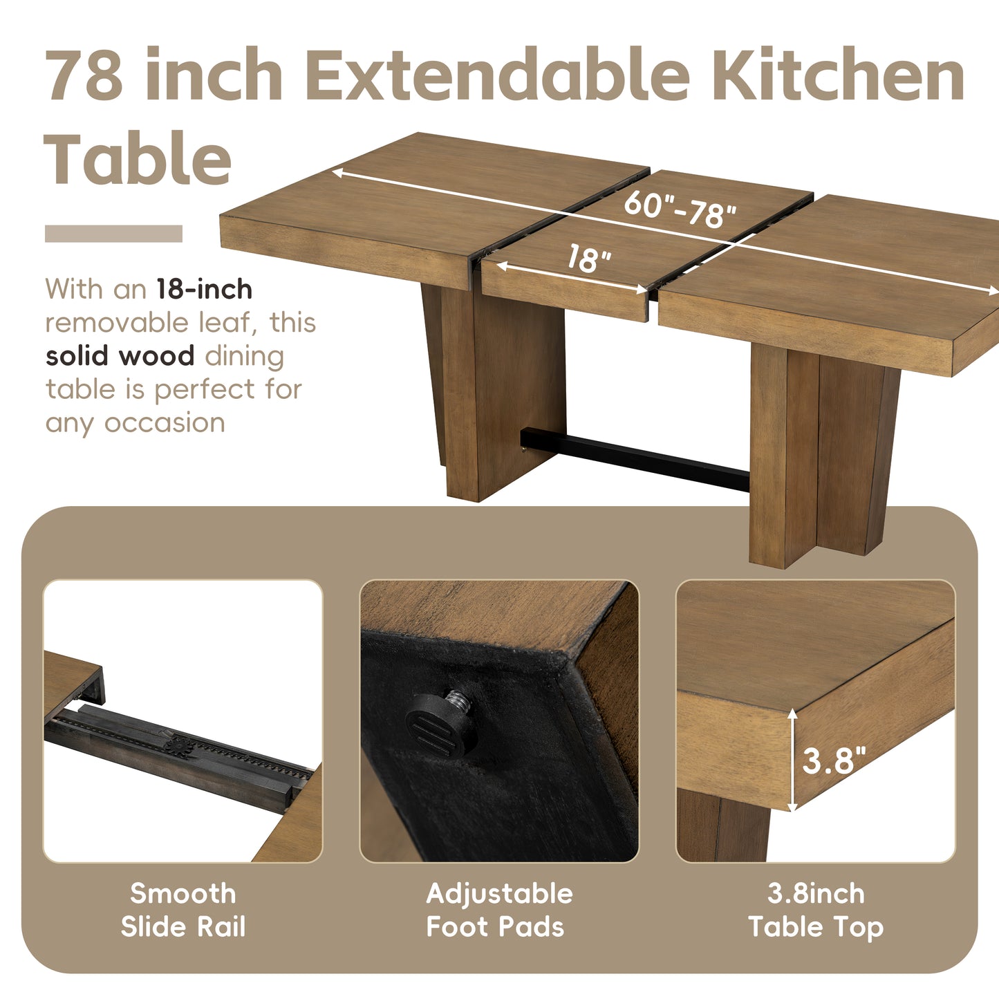 TOPMAX Farmhouse 78.1inch Extendable Wood Dining Table Set For 6, Kitchen Table Set With Bench And 4 Upholstered Chairs,3.8inch Thick Tabletop And Trestle Legs For Kitchen, Dining Room, Brown Gray