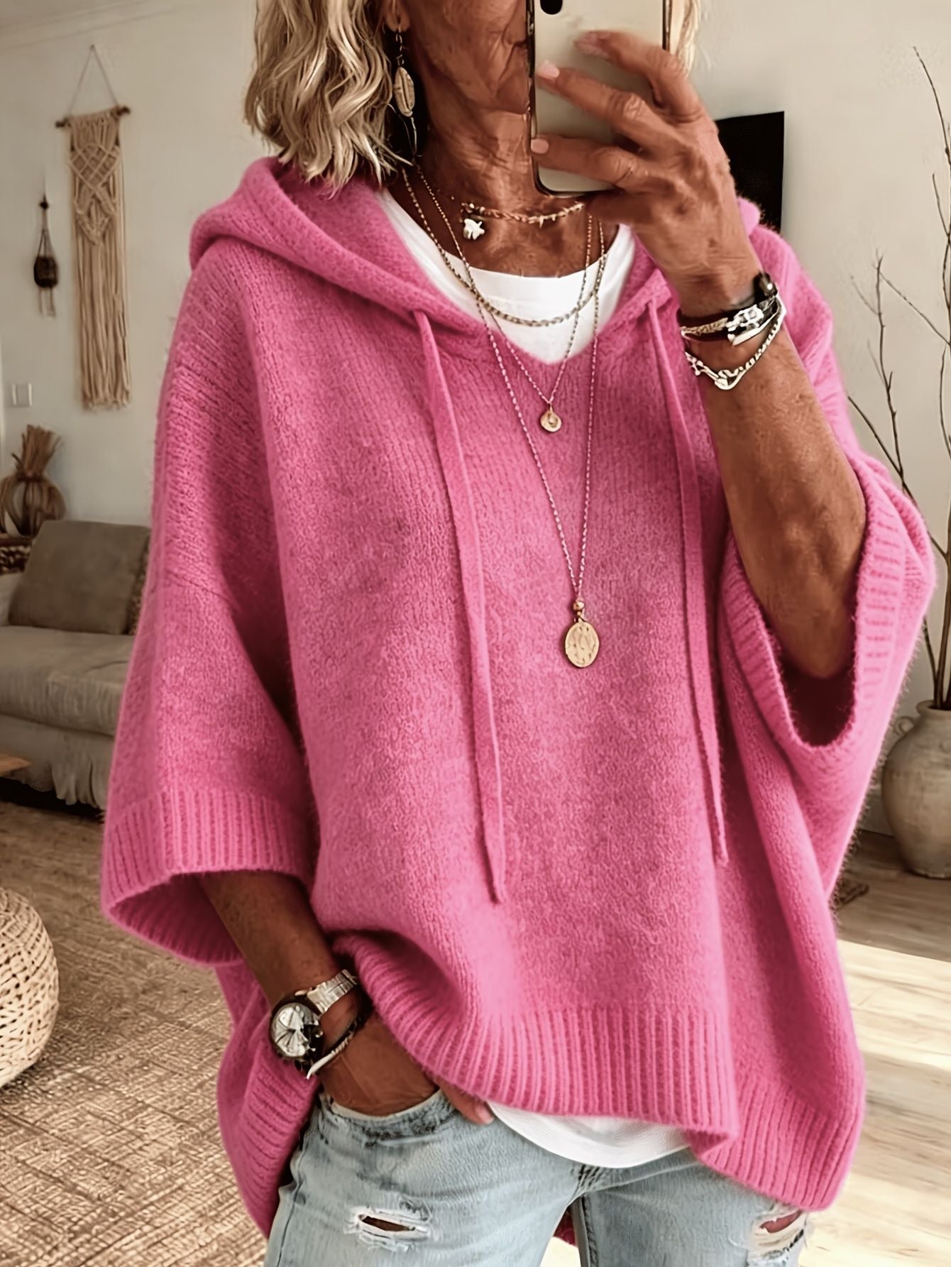 New Knitted Hoodie With Drawstring, Loose Fit Outerwear Sweater