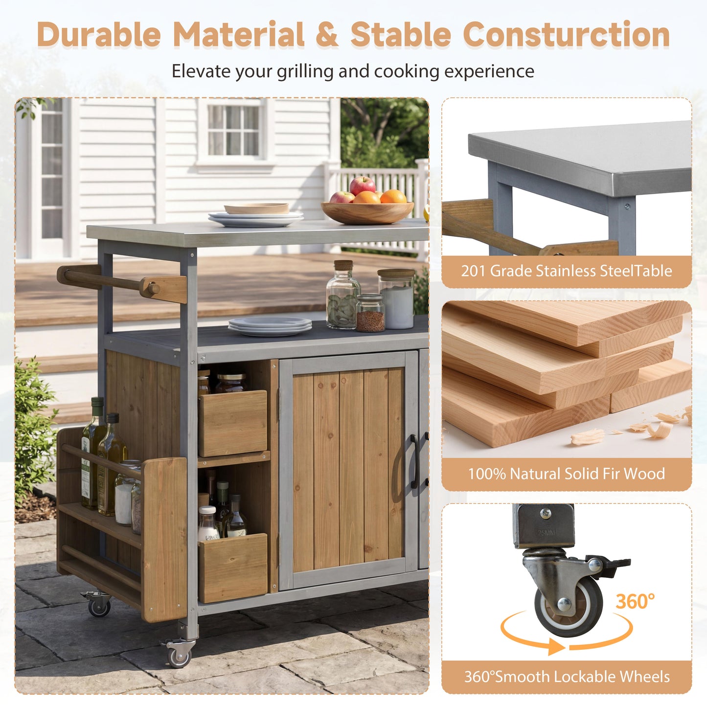54.33  Farmhouse Rolling Outdoor Kitchen Cart, Solid Wood Frame With Stainless Steel Top, Spice Rack, Towel Rack, Lockable Wheels & Multi-Functional Storage For Patio,  BBQ & Kitchen