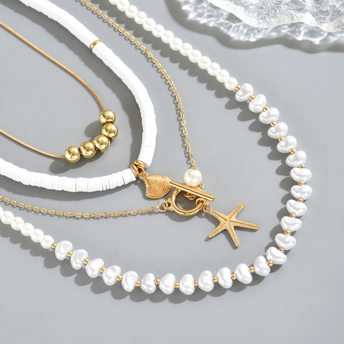 Cross-border European American Women Geometric Jewelry Set, Niche Ocean Style Long Clavicle Necklace Inlaid Shell & Faux Pearl, Versatile Daily Neck Accessories For Ladies