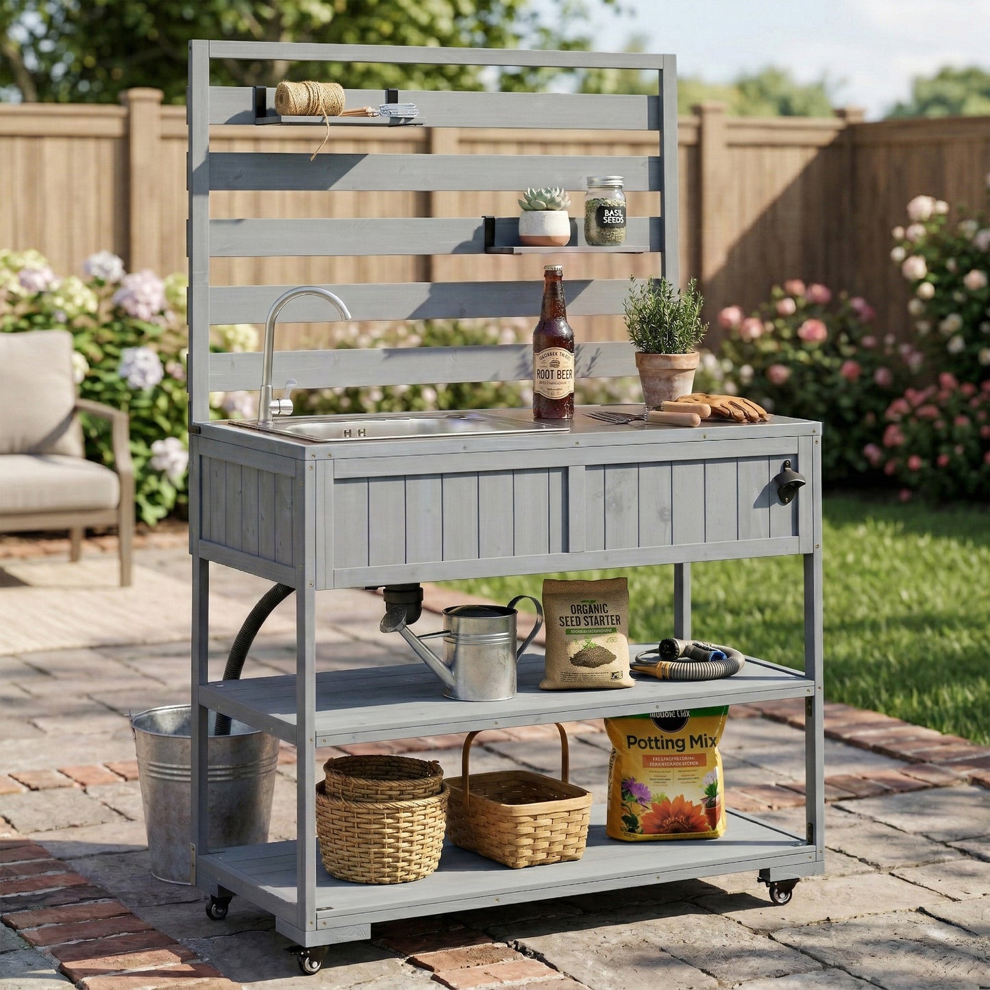 With Assembly Video  TOPMAx 41.7  Large Patio Rolling Kitchen Island Solid Wood Kitchen Cart With Sink  Garden Potting Bench With Stainless Table Top  2 Movable Shelves And 1 Bottle Opener Gray