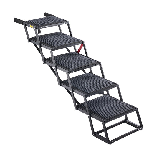 Dog Stairs For Car, 5 Steps Extra Wide Foldable Dog Ramp For Large Dogs With Non-Slip Rug Surface, Portable Lightweight Pet Ladder For Car, SUV, Truck, High Beds, Sofas, Support Up To 200 Lbs
