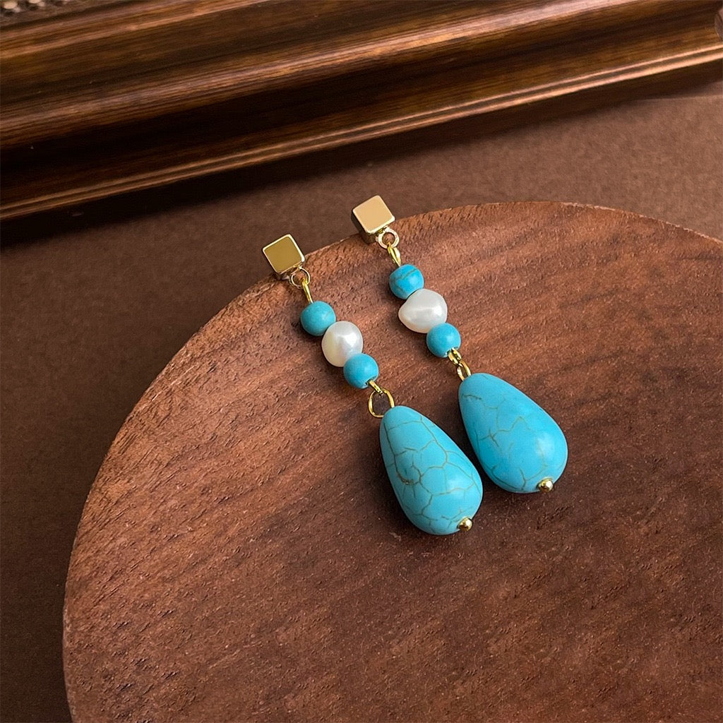 Retro Artistic Turquoise Earrings For Women Synthetic Stone Stud Earrings Vintage Bold Jewelry Gift