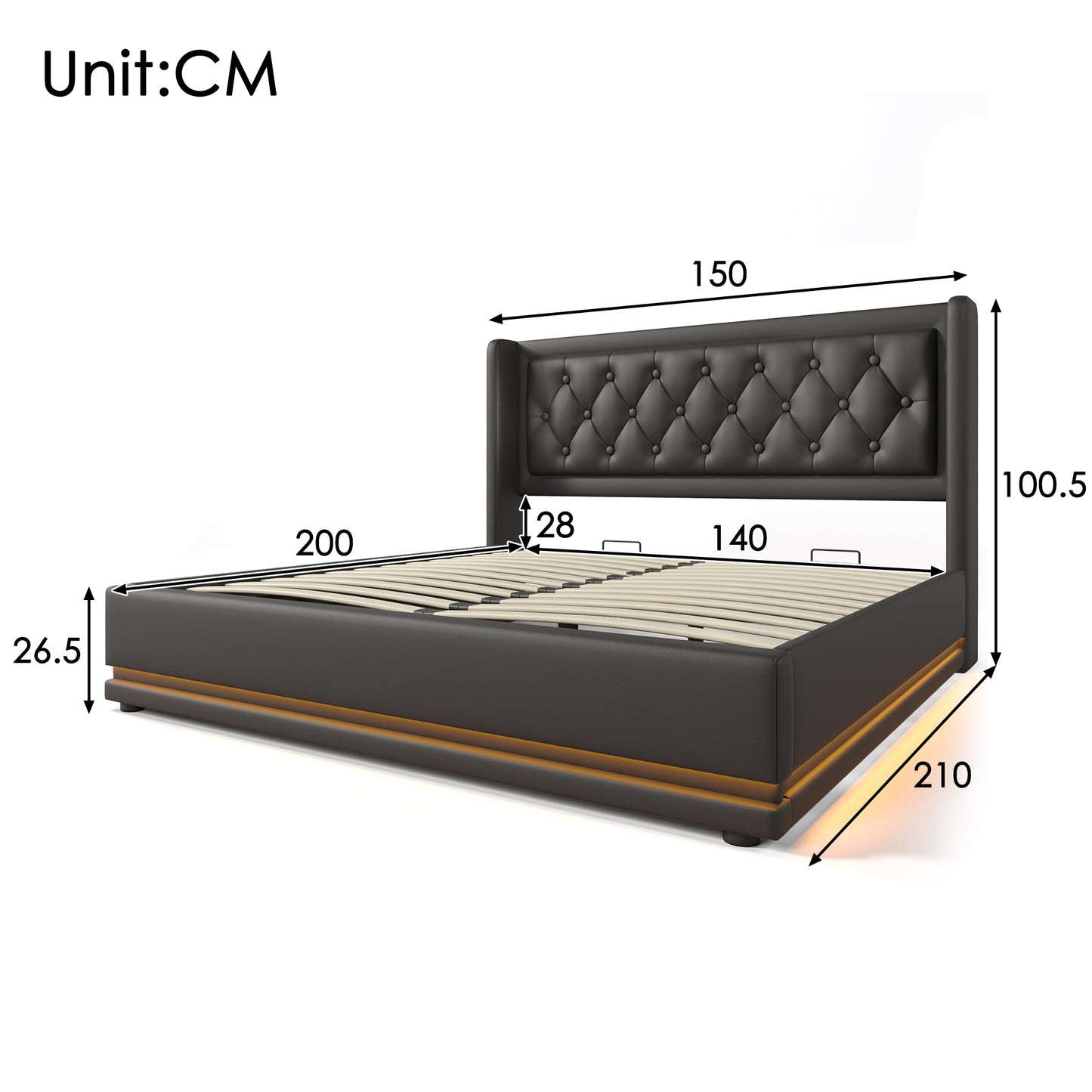 Upholstered Bed Double Bed 140x200 Cm,Black PU Material Hydraulic Storage Bed, Upholstered Headboard With USB Type-C Charging Function, 3-Sided LED Function Without Mattress