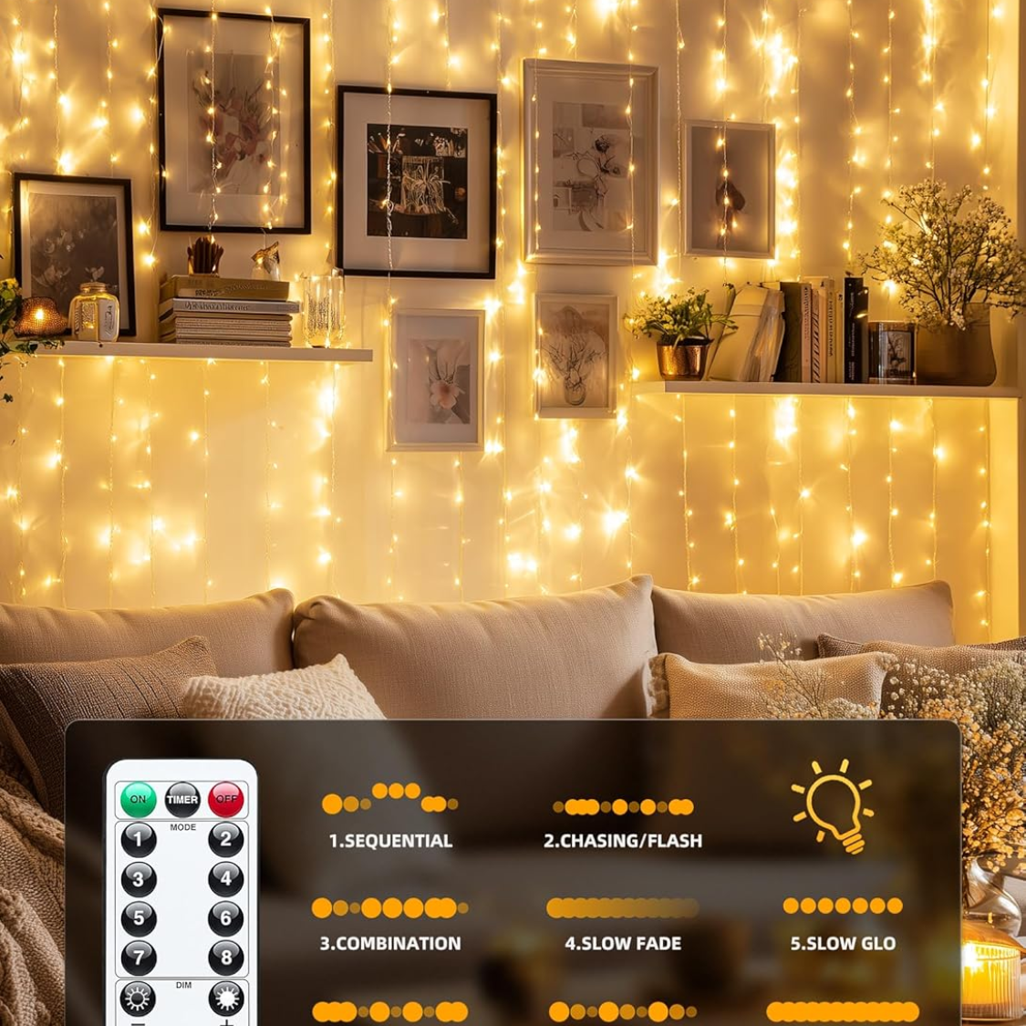 300 LED Fairy Curtain Lights  Warm White Curtain String Lights USB Plug In 8 Lighting Modes Christmas Decoration, Hanging Lights