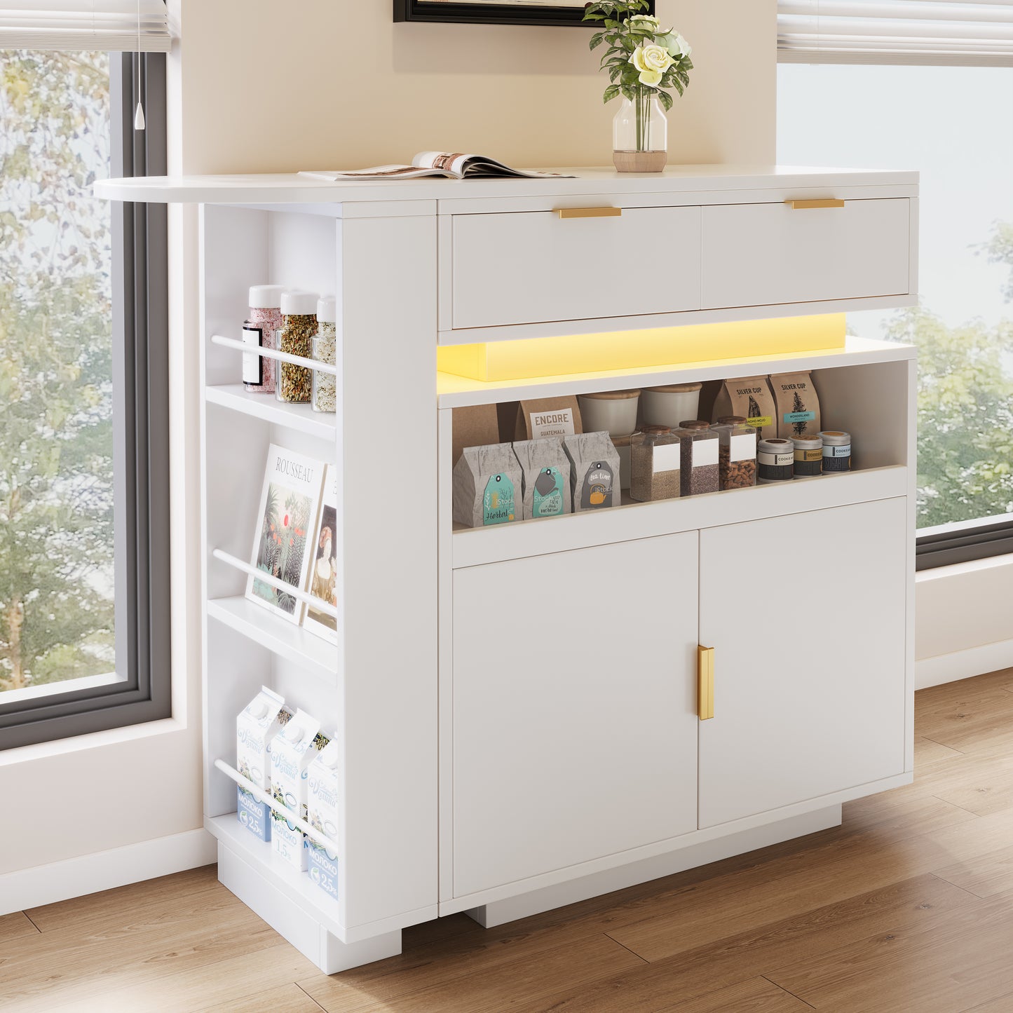 Extendable Bar Table  115-183 X 40 X 99 Cm , Extendable Kitchen Island, Bar Table With Storage Space, LED Lighting, 360  Rotation Function, Mobile Coffee Bar, Suitable For Kitchen And Dining Room, Whi