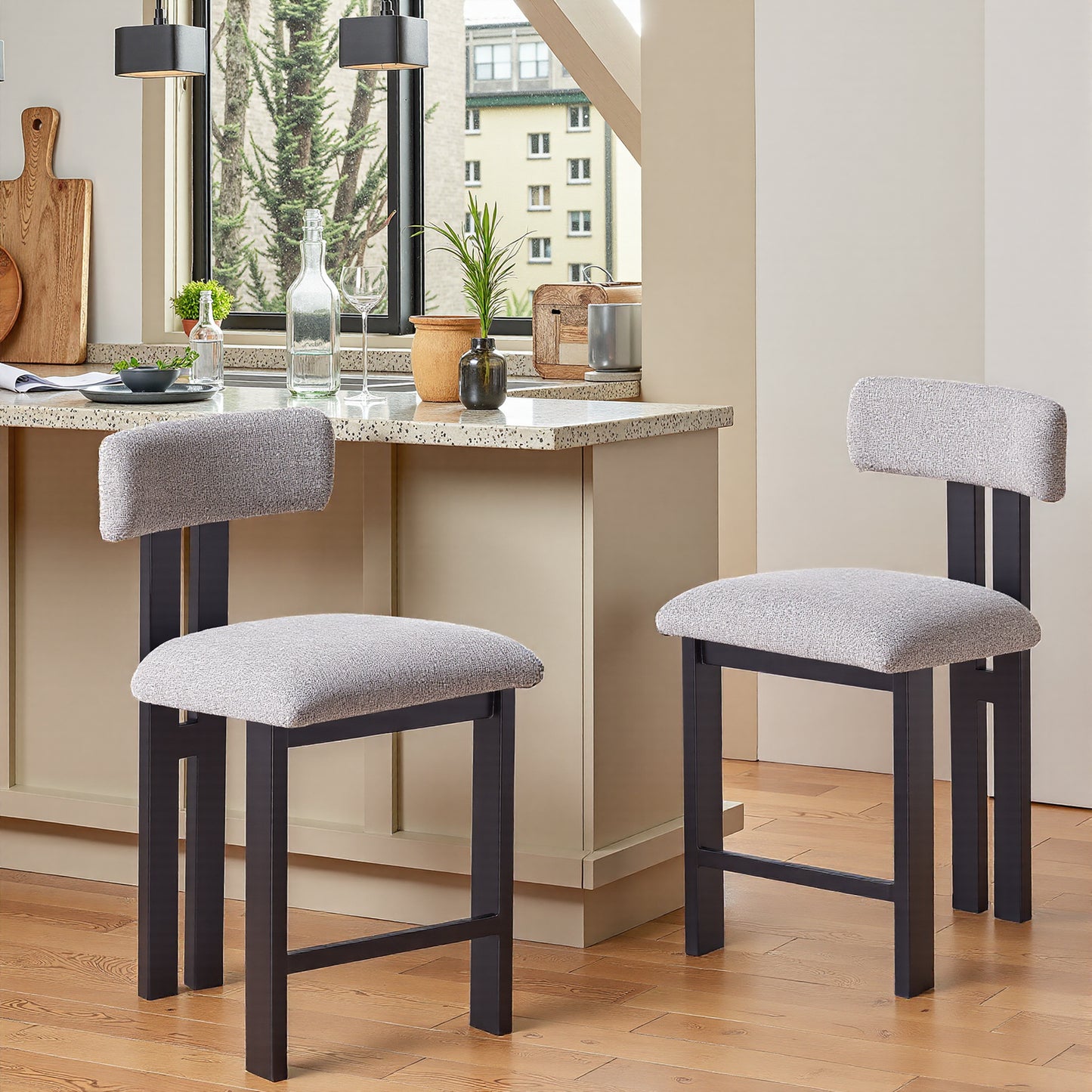 26.5 Stylish Round Stools With Low Back - Comfortable Upholstered Seat & Black Metal Frame For Kitchen & Dining