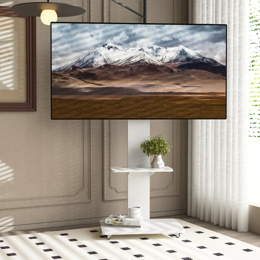 TV Stand With Shelf For Living Room, Bedroom,Offices,Mobile TV Cart For 32-75 Inches,Floor Stand With Mount On Lockable Wheels,White
