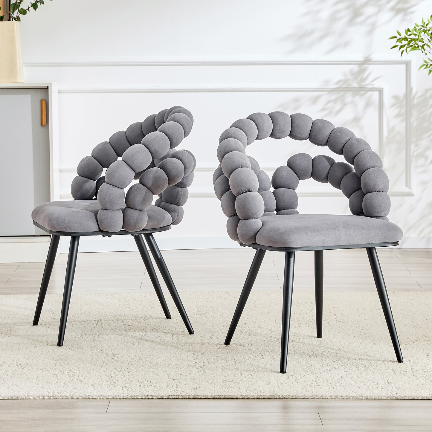Set Of 2 Grey Velvet Bubble Dining Chairs,Modern Velvet Pebble Accent Side Chair With Curved Bubble Backrest & Black Metal Legs, Luxury Vanity Desk Chair For Kitchen Dining Room Bedroom Living Room