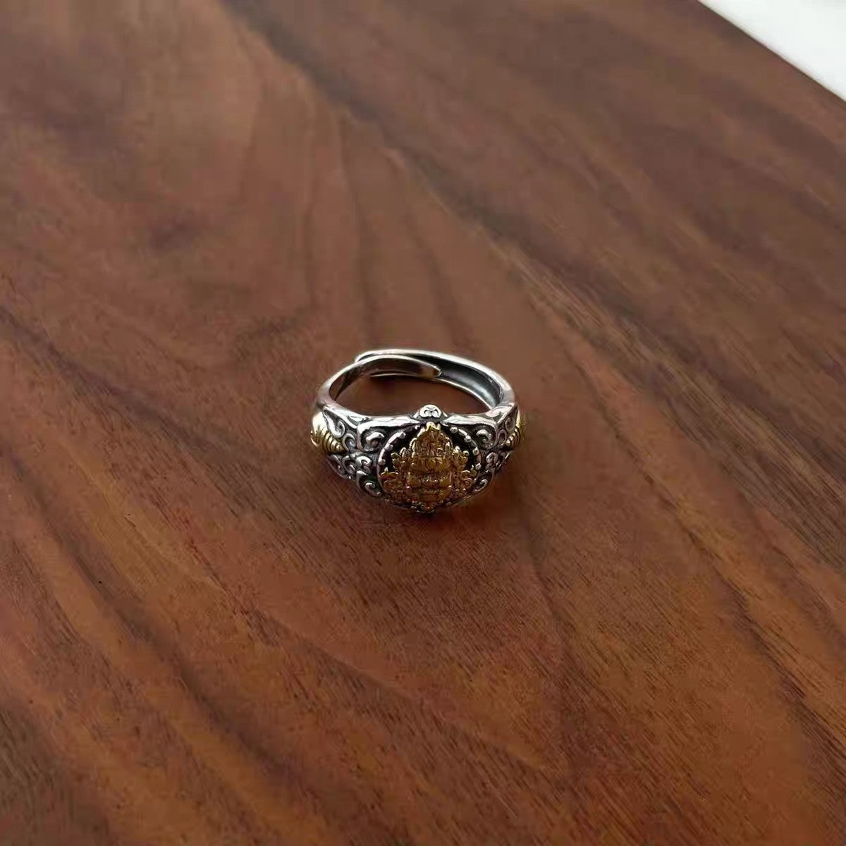 1pc 999 Sterling Silver Two-tone Wealth God Open Ring, Retro Ethnic Style, Perfect For Daily Wear & Valentine's Day Gift