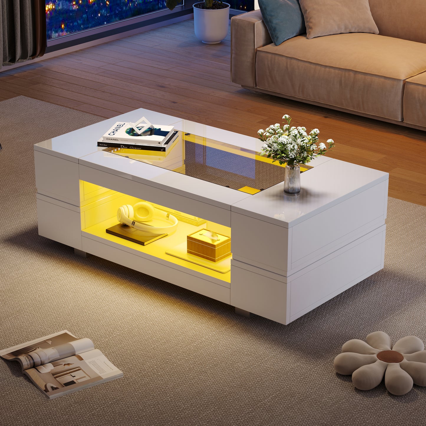 White LED Coffee Table With Bluetooth App Control, Coffee Table, Sofa Table, Living Room Table, Suitable For Party, Office, Living Room