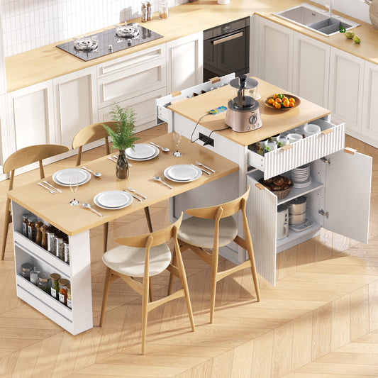 K&K 82.6  Fluted Kitchen Island With Extendable Dining Table For 4 6, Island Table For Kitchen With Power Outlet, Kitchen Table With Double Side Storage, 2 Drawers 2 Side Open Shelves, White