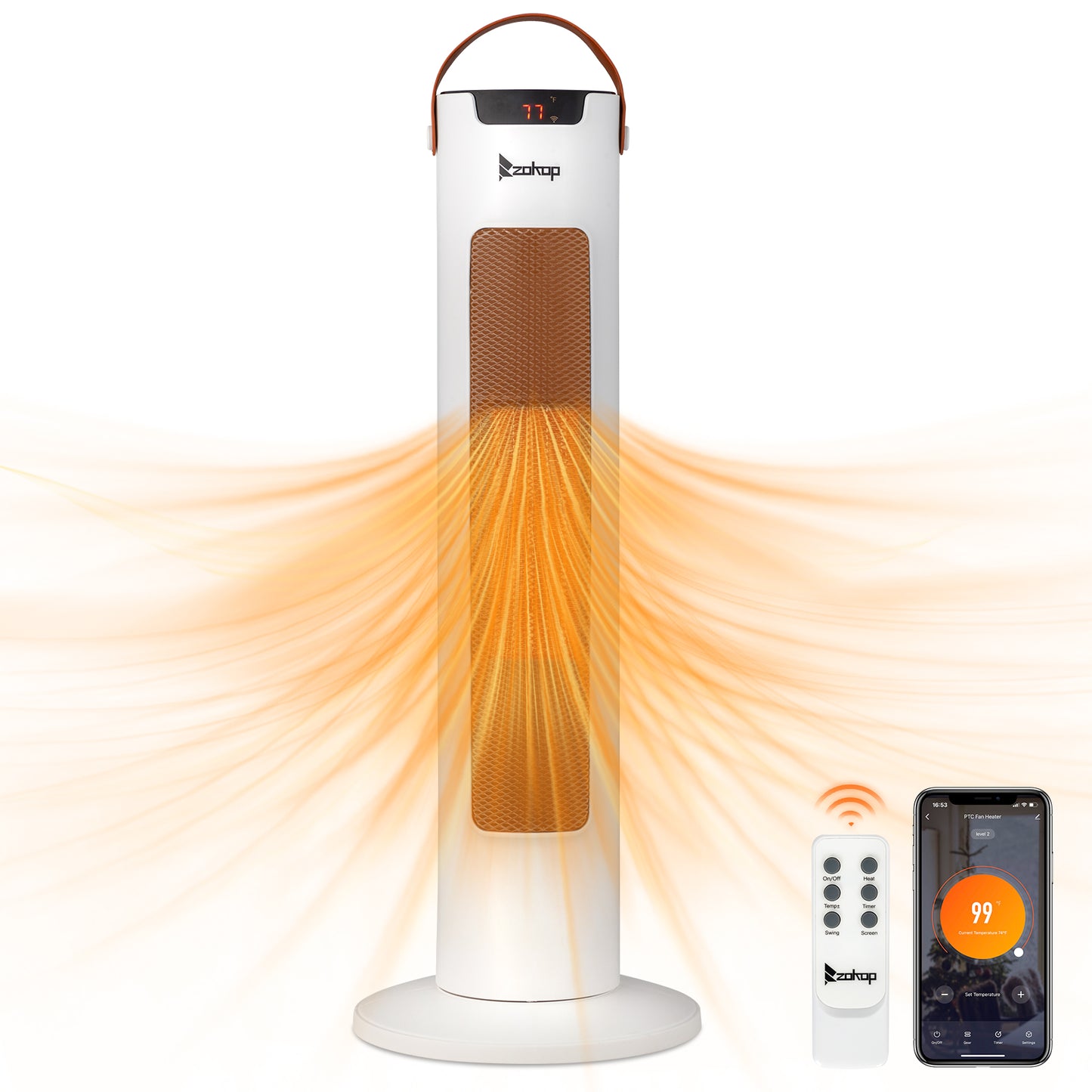 24Inch Tower Space Heater, 1500W Smart Electric Heater With Thermostat, WiFi APP & Remote Control, 60 Degrees Oscillation, 9H Timer, For Indoor Bedroom Office Home, White