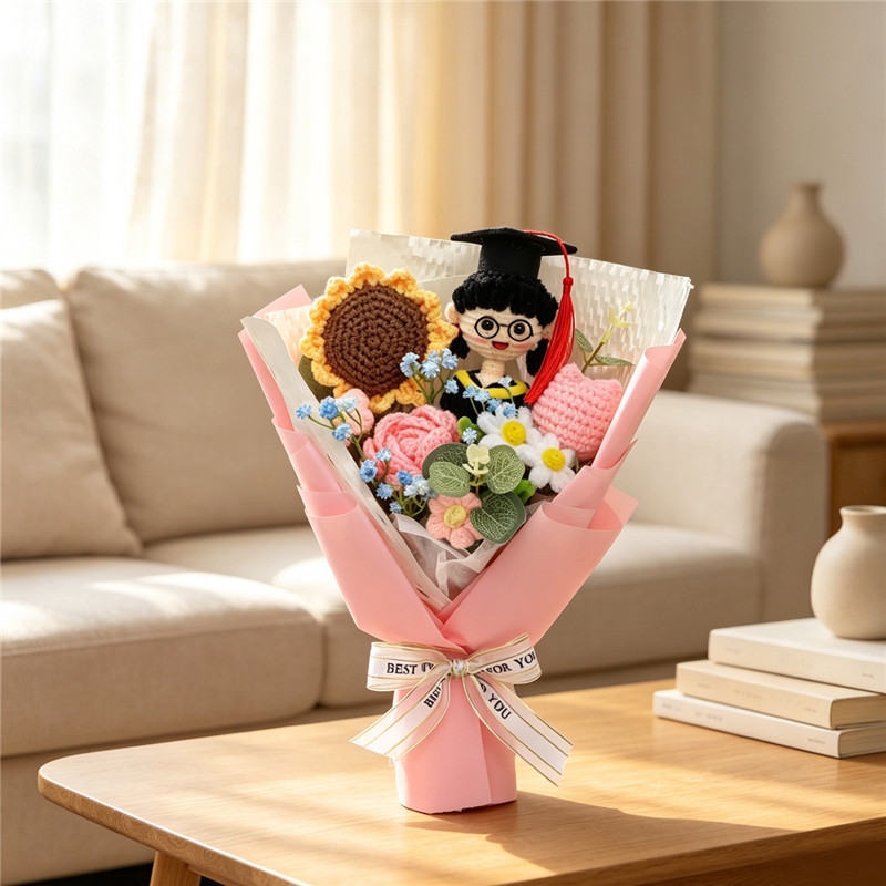 Graduation Hand Crochet Flower Bouquet , Knitted Roses & Sunflowers With Graduate Doll, Eternal Yarn Flower Gift For Graduation Presents Or Home Decor