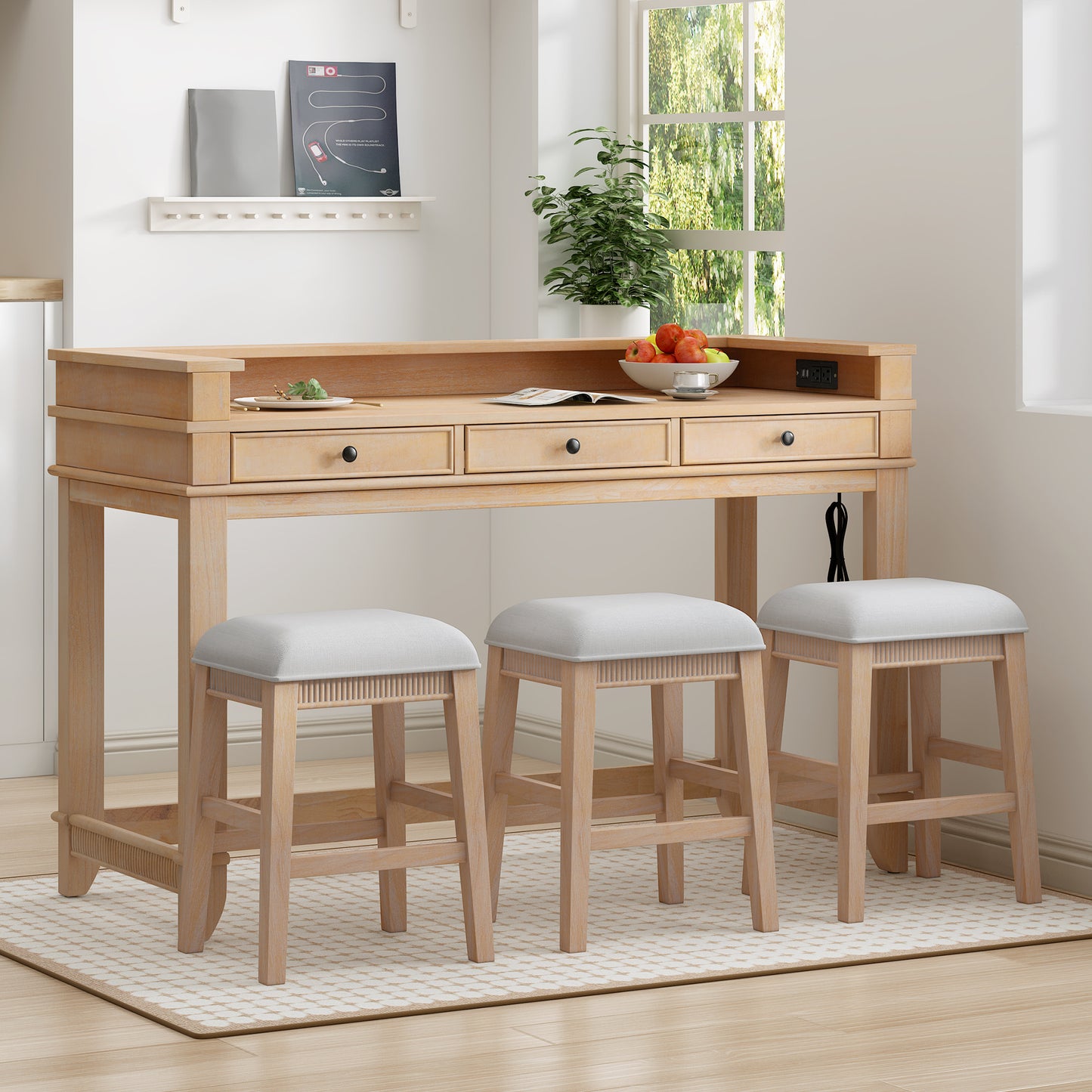 TREXM 4-Piece Dining Table Set For 3  Retro Kitchen Table And Chairs Set With 3 Storage Drawers  Ideal For Small Spaces  Natural