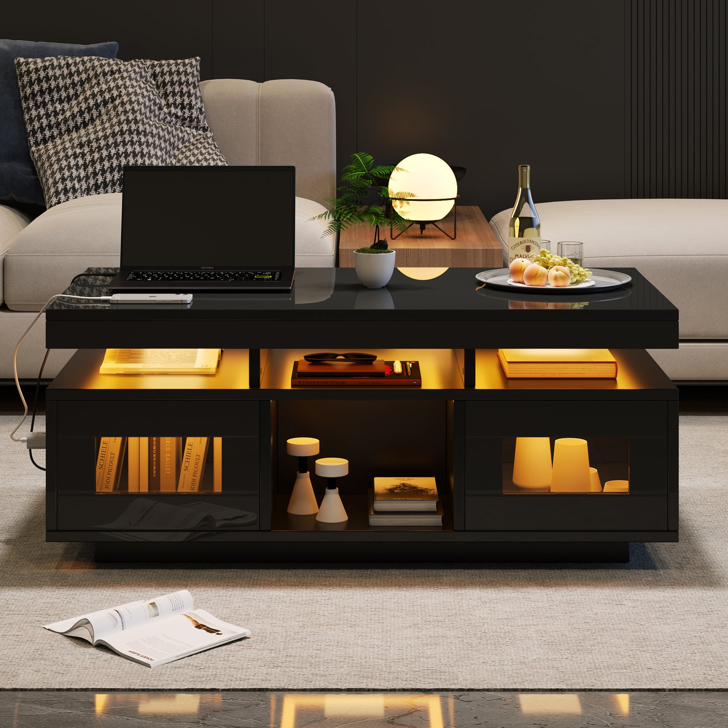 100x50x43cm Black High Gloss Coffee Table, With LED Lights Controllable By Mobile App, Living Room Table With Cabinet, Sofa Table With Charging Port And Socket, Suitable For Office, Study