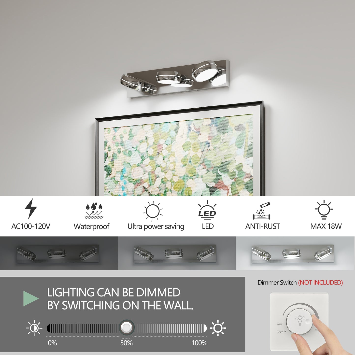 LED Vanity Lights 20in Bathroom Lights Fixtures Over Mirror 3 Light LED Lighting Fixture For Bathroom 18W Mirror Lighting Fixture Modern Bath Light Bar Chrome Bath
