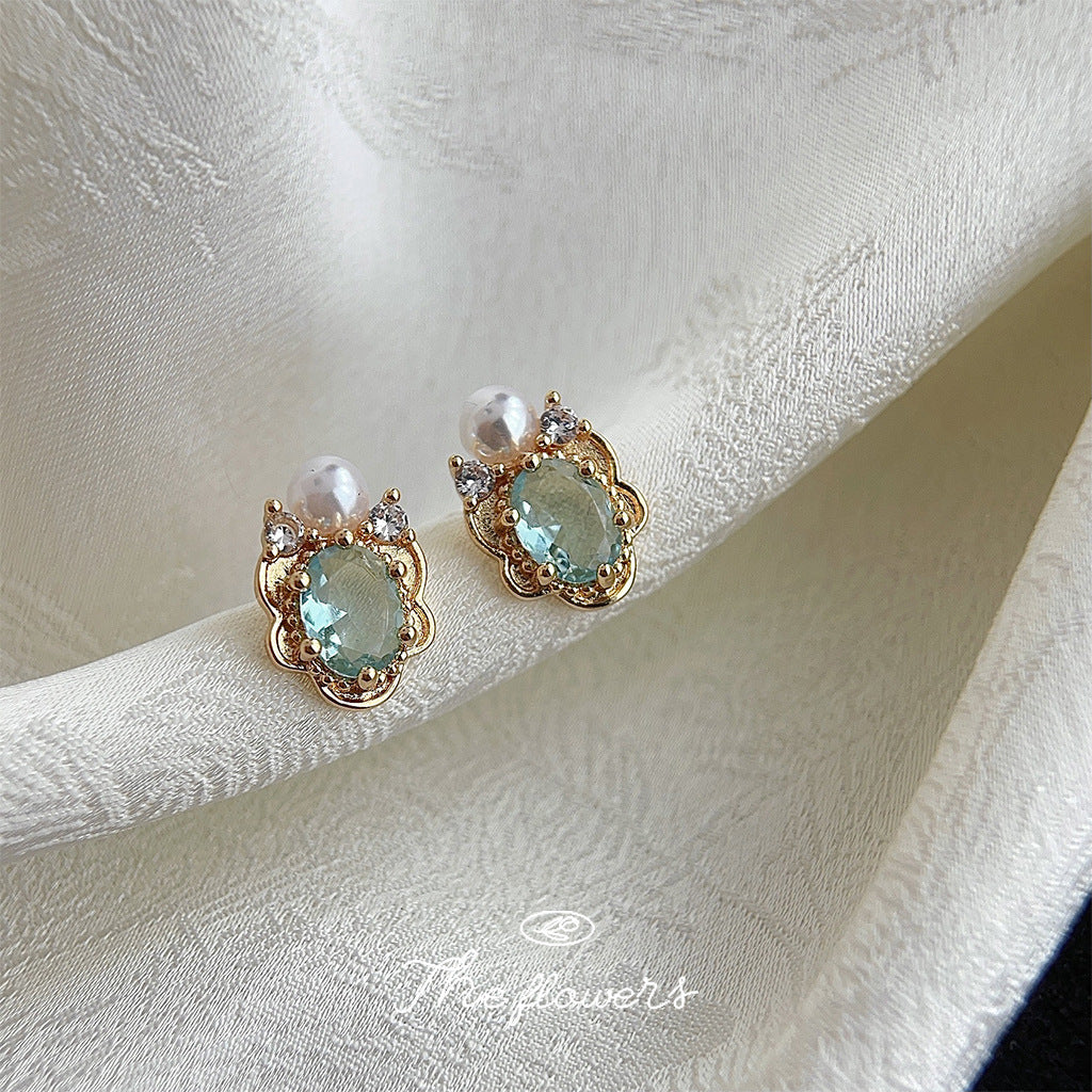 New Aquamarine 14K Gold Plated Micro Paved Zircon Stud Earrings, Literary Vintage Creative Design Versatile Daily Commute Fashion Ear Jewelry