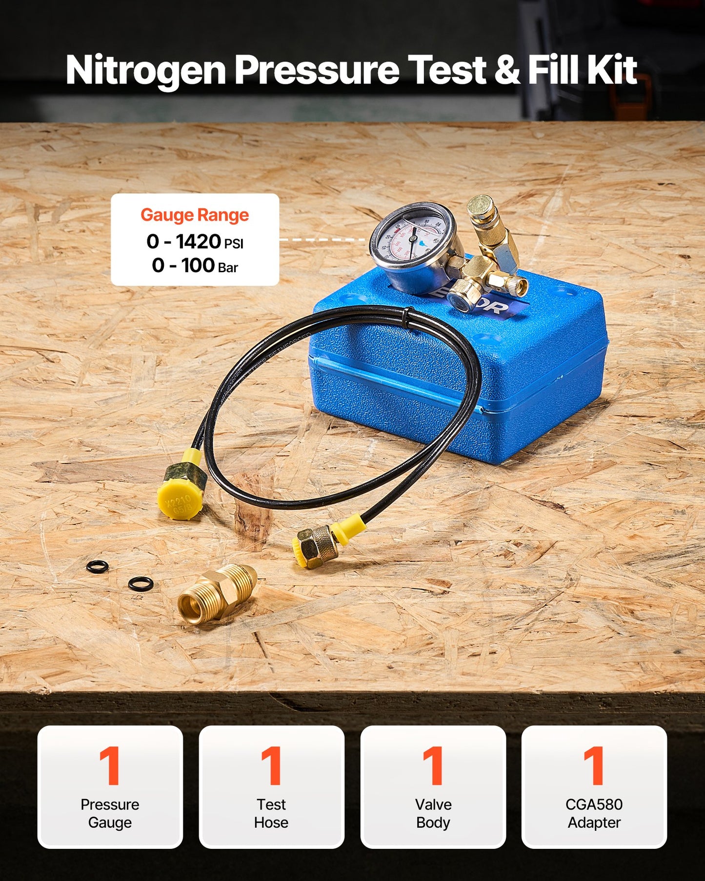 Hydraulic Nitrogen Accumulator Charging Kit, 0-1420 PSI Nitrogen Fill Kit, Pressure Test System With 1 Pressure Gauge, 1 Gas Hose, 1 Valve Body And 1 CGA580 Adapter For Construction Machinery