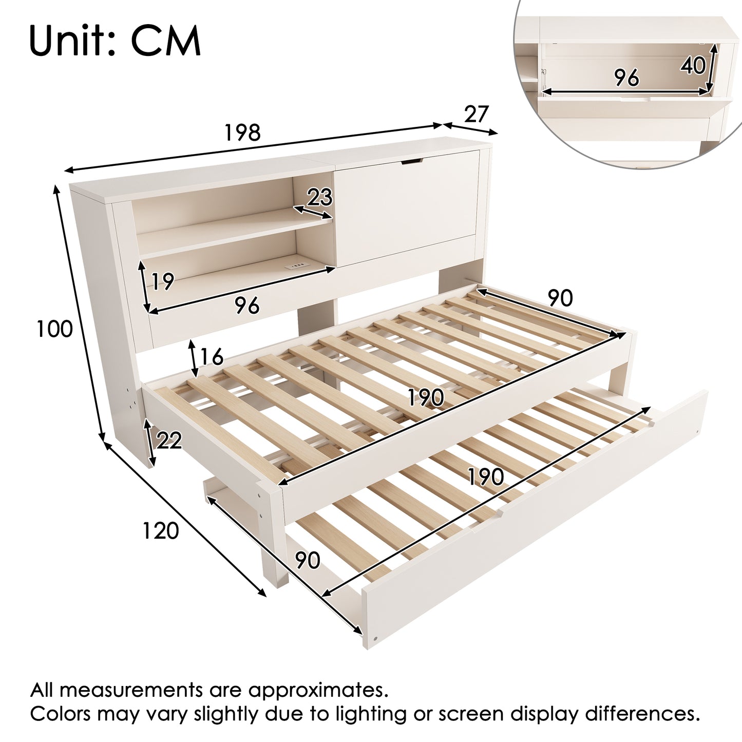 Sofa Bed Single Bed 90x190 Cm With Pull-out Bed 90x190, White Bed Frame With Storage Back Panel, Open Compartment, Concealed Folding Storage Space, USB-USB-C Charging Station, Slatted Base, Without Ma