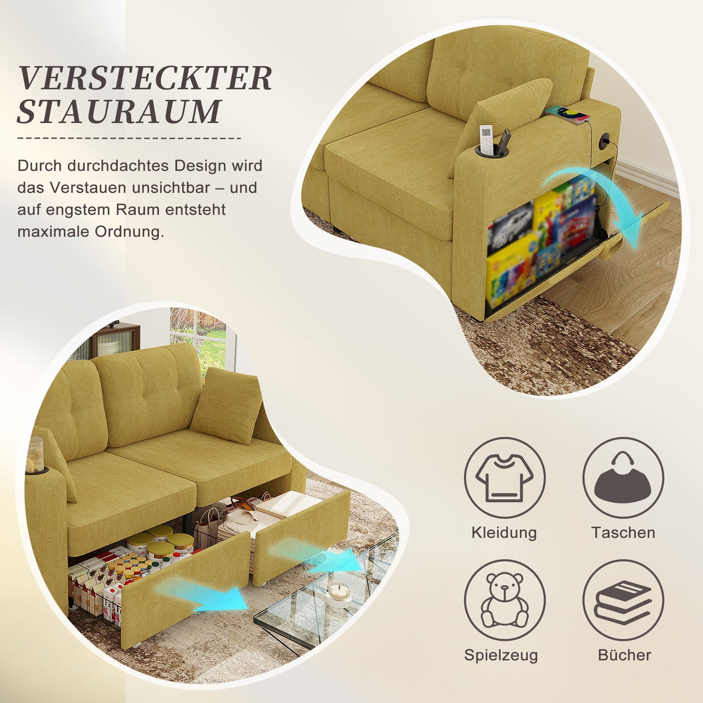 Two-seater Sofa With Two Storage Drawers And USB Charging Ports, With Cup Holders And Side Pockets, Equipped With Hidden Storage Compartments. Suitable For Living Rooms, Apartments And Reading Corners