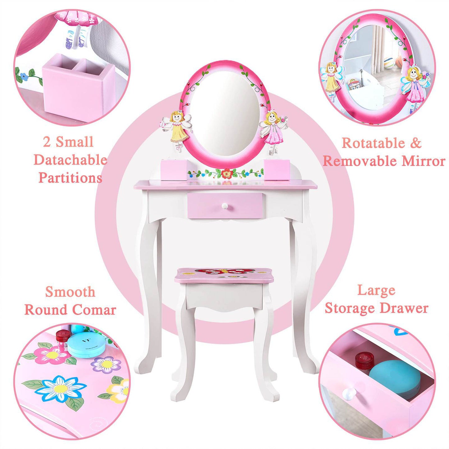 Kids Vanity Set Floral Printed Wooden Makeup Dressing Princess Table With Mirror And Stool For Role Playing Pink