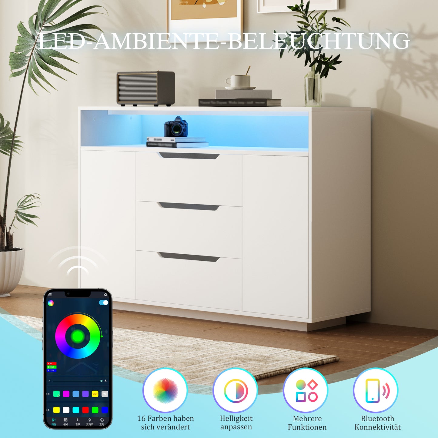 Modern White Multifunctional Cabinet With Open Shelf, Three Drawers And Doors On Both Sides. White Matt Look With Metal Rails And Rounded Edges. Ideal For Living Room, Dining Area Or Office.