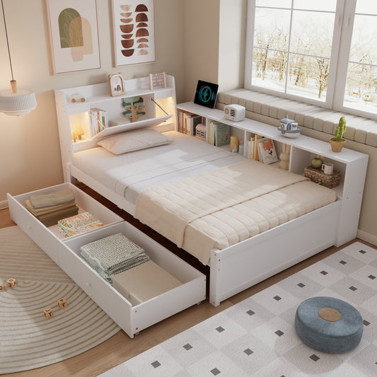 Single Bed, Panel Bed, Headboard With Storage Compartment  2 Lights, With Charging Socket, Side Storage Cabinets And Drawers, Pine Chipboard MDF, White, 90x200cm