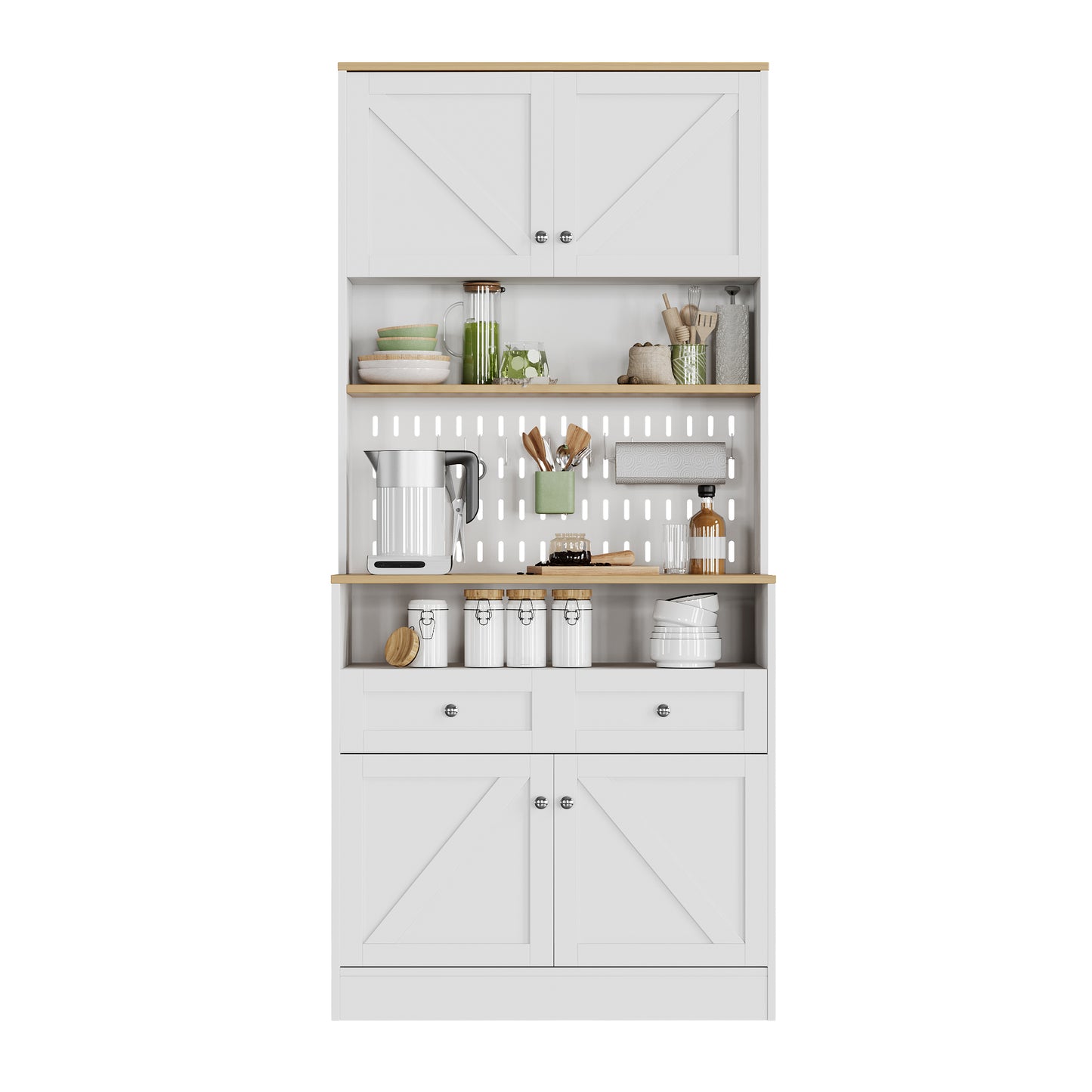 Stylish White Dining Room Sideboard With 2 Drawers And 4 Doors  Elegant Buffet For Kitchen, Dining Room & Living Room With Silver Handles And Generous Storage Space