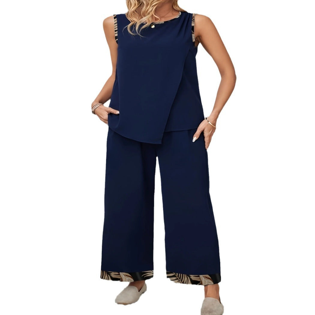 New Round-neck Sleeveless Asymmetrical Top And Pants Cotton Set With Pockets