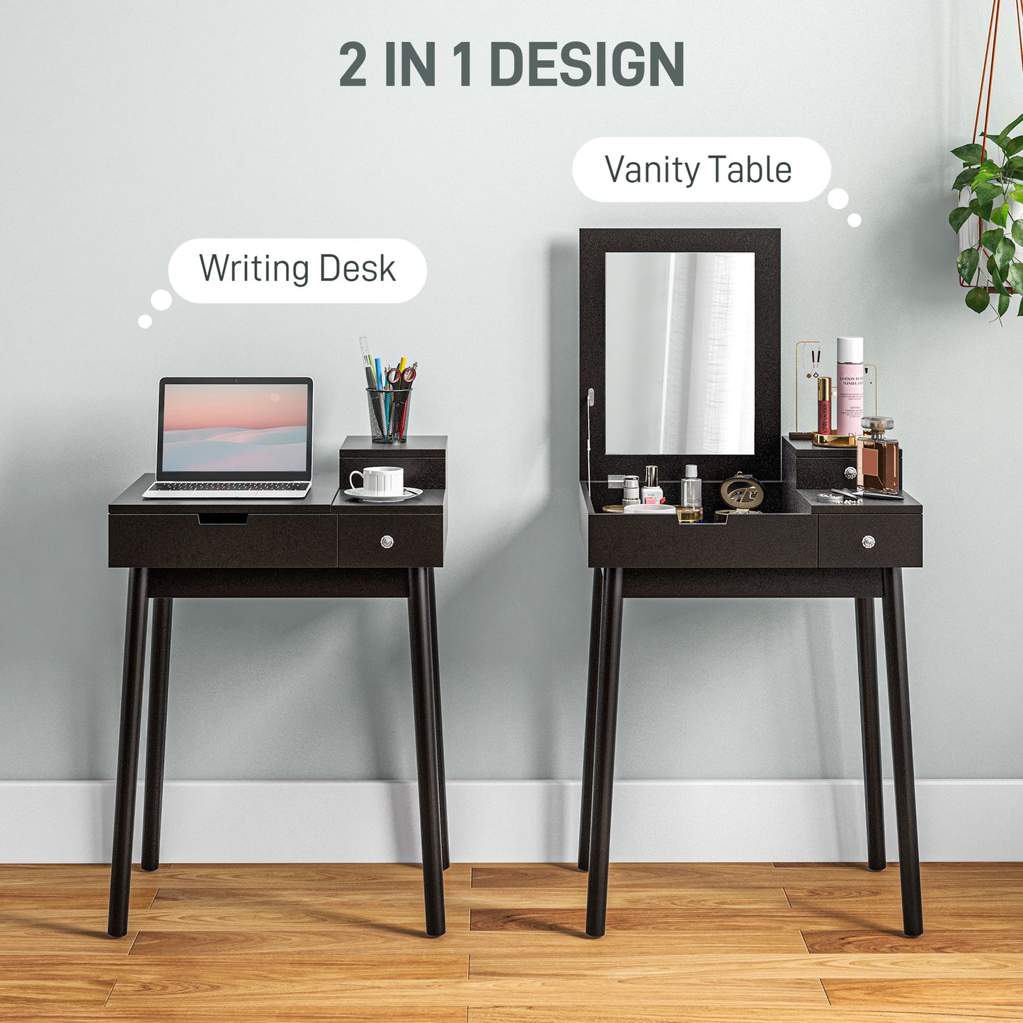 Dressing Table With Flip-up Mirror, Makeup Desk With 2 Drawers And Pine Wood Legs, Vanity Table Writing Desk For Bedroom Living Room, Black